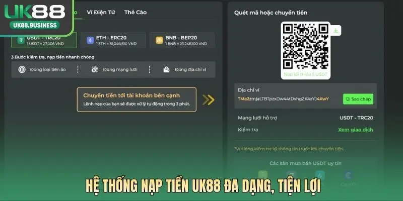 Hệ thống nạp tiền UK88 đa dạng, tiện lợi