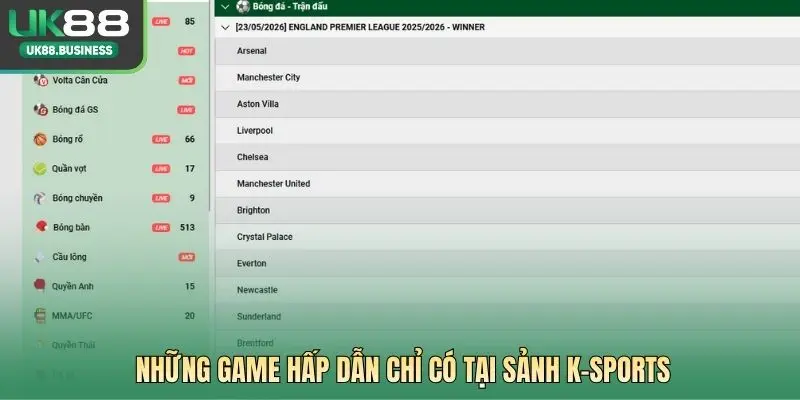 Những game hấp dẫn chỉ có tại sảnh K-SPORTS